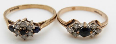 A 9ct gold ring set with a sapphire and diamonds and another ring, 3.2g