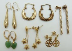 Three pairs of 9ct gold earrings (4.2g), a pair of jadeite earrings and two pairs of silver gilt