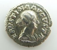 Roman silver Denarius Faustina II draped bust with braided hair and beads around bun, reverse