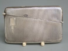 Art Deco George V hallmarked silver curved calling card case with engine turned decoration,