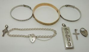 A rolled gold bangle, silver bangles, silver ingot, bracelet etc