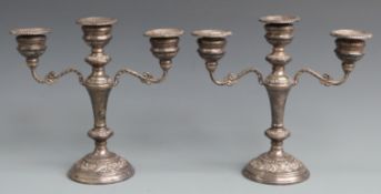 Pair of hallmarked silver three branch candelabra, Birmingham 1973 maker W I Broadway & Co, height