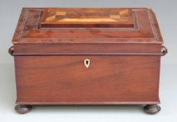 Georgian or early Victorian parquetry specimen wood inlaid sewing or workbox with lift out tray,