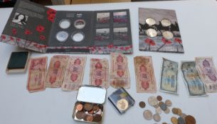 A group of collectors' coins including War Poppy Collection, Festival of Britain, banknotes, small