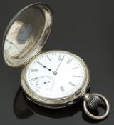 English hallmarked silver keyless winding half hunter pocket watch with blued hands, black Roman
