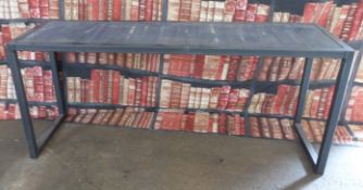 Industrial/haberdashery/shopfitting steel and plank topped narrow trestle style table, W 175 x D