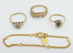 Two 9ct gold rings and a 9ct gold ring set with a diamond, 4.9g, and a bracelet