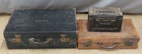 Two vintage suitcases and a military ammunition box