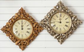 Two Newgate wall clocks with scrolling gilt frames and 30cm dials