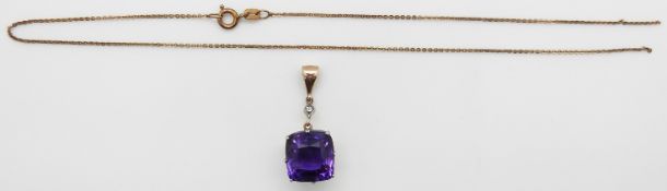 Victorian/ Edwardian pendant set with a cushion cut amethyst measuring approx 11.4ct and a diamond