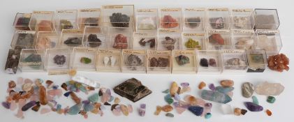 A large collection of mineral samples and rough gems including azurite, quartz, blue john, fluorite,