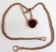Victorian 9ct rose gold double graduated Albert with 9ct rose gold swivel fob, Birmingham 1850, 33.