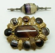 Victorian pinchbeck brooch set with agate and another brooch set with blue john