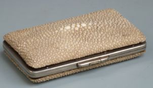 Shagreen covered cigar case with silk interior containing six cigars, some marked Coranto De Luxe,