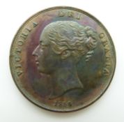 Victorian 1854 young head copper penny, PT, EF with toning and some lustre