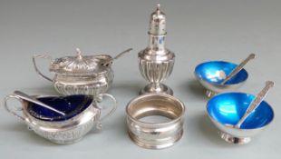 Hallmarked silver pepper, Victorian open salt, mustard and napkin ring, weight without liners 114g