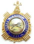 9ct gold brooch/ medallion set with enamel reading 'Perak St Andrew Society 1931' verso engraved 'Dr