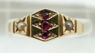 Victorian hallmarked 15ct gold ring set with rubies and seed pearls, Birmingham 1873, in original