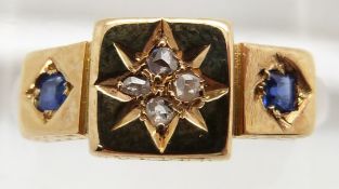 A 15ct gold ring set with diamonds and sapphires, Birmingham 1888, 2.8g, size N