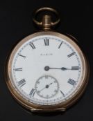 Elgin gold plated open faced pocket watch with inset subsidiary seconds dial, blued hand, black