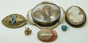 Victorian pinchbeck mourning brooch set with hair, cameo brooch, Victorian brooches including one