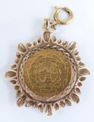 1898 gold 1 Pond in 9ct gold pendant mount with suspension loop (unmarked), 12.09g all in