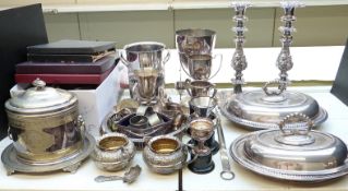 Large collection of plated ware including loose and boxed cutlery, trophy cups, biscuit barrel, wine