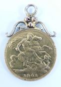 1902 gold half sovereign with pendant mount, 4.5g
