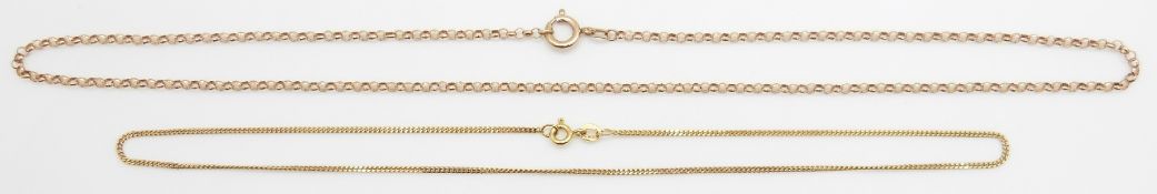 Two 9ct gold necklaces, 4.3g, 24cm drop and 2.3g, 19cm drop