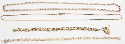 A 9ct gold belcher chain, 9ct gold bracelet, 9ct gold chain and 9ct gold gate bracelet, 9.9g
