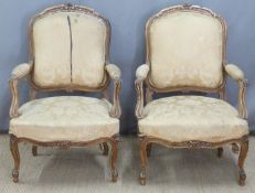 Pair of French upholstered shabby chic armchairs, H100 x W62cm