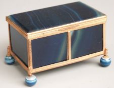 Early 20th century blue agate and gilt metal jewellery box raised on four turned ball feet, width