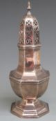 Edward VII hallmarked silver sugar caster of octagonal baluster form, Chester 1909 maker's mark