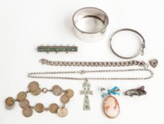 Victorian white metal bangle, cameo brooch, thistle brooch, bangle, three-pence bracelet, silver