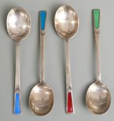 Set of four Art Deco hallmarked silver and enamelled teaspoons, Sheffield 1936 maker Cooper Brothers