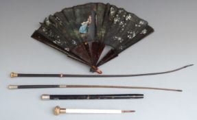 Two riding crops, one by Swaine and Adeney, ivory parasol handle, vintage fan etc