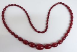 A cherry amber necklace of 60 graduated oval beads, the largest 29.2x21mm, 75g.