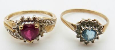 A 9ct gold ring set with a blue topaz and diamonds and another 9ct gold ring set with a faux ruby,