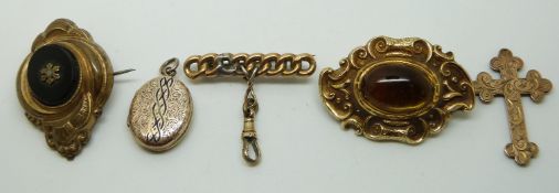 Victorian yellow metal brooch set with a foiled cabochon, Victorian 9ct gold cross, gold plated
