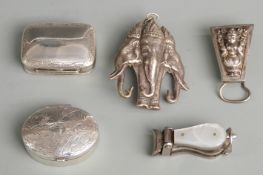 Two white metal pill boxes marked sterling, length 37mm, elephant pendant, Tibetan or similar clip