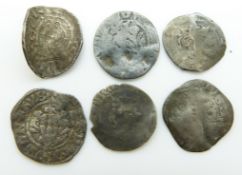 Six various hammered silver pennies including Edward and a bent probably Henry III short cross