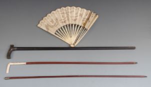 19thC carved bone fan with neoclassical swag decoration and carved bone handled stick, white metal