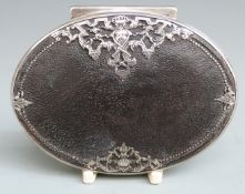 Probably French 18th century oval silver snuff box with leather lid and base, cast silver baroque
