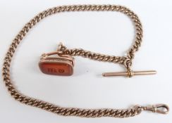 A 9ct gold Albert with a Victorian intaglio fob with snake decoration to the top, 49.4g, 36cm