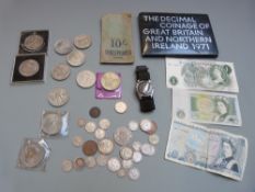A small collection of coins, 1971 coin pack and banknotes