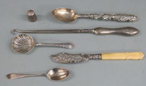 Hallmarked silver sifter spoon, hallmarked coffee spoon, hallmarked silver bladed butter knife,