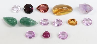 Six oval cut amethyst, an oval cut citrine, a round cut almandine garnet with rutile inclusions