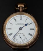 Waltham gold plated keyless winding open faced pocket watch with inset subsidiary seconds dial,