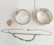 Two hallmarked silver bangles, 9ct gold cased ladies wristwatch and an Art Deco platinin necklace
