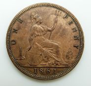 Victorian 1861 young head bronze penny TB reverse, BB obverse EF with lustre